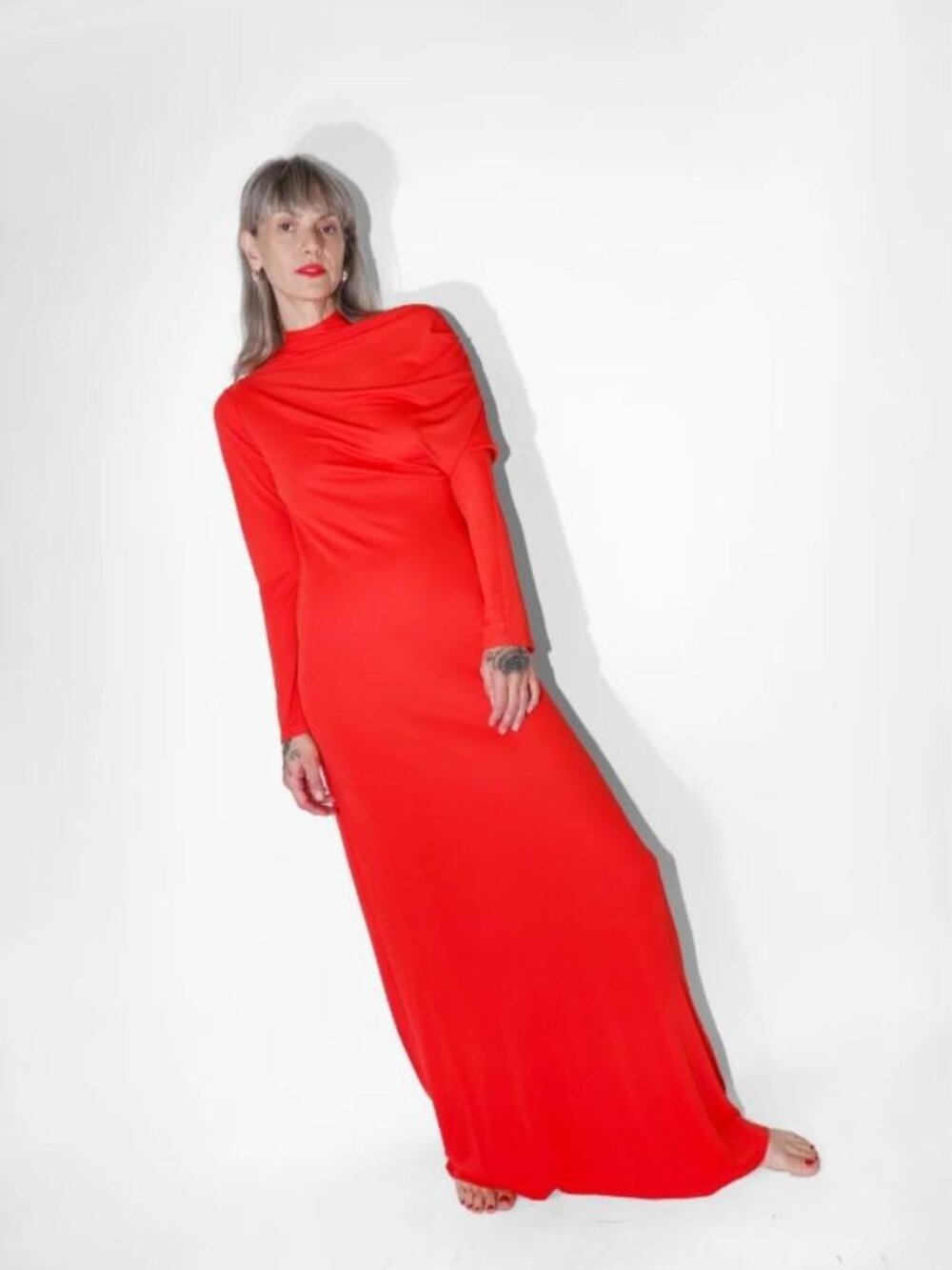 Kallmeyer Rue Draped Gown in Scarlet Slinky Jersey